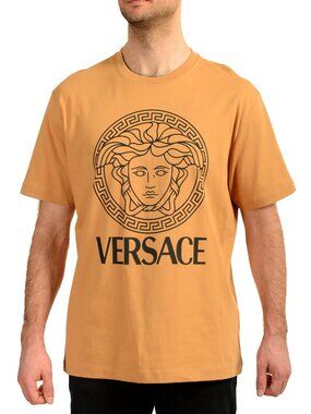 Versace Men's Brown Logo Print Crewneck Short Sleeve T-Shirt US M IT 50